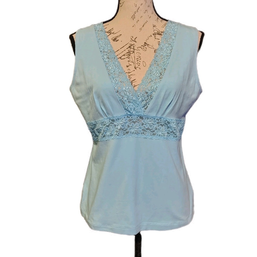 Pastel Blue Lace Trim Sleeveless Babydoll Top L Womens Coquette Carolyn Taylor